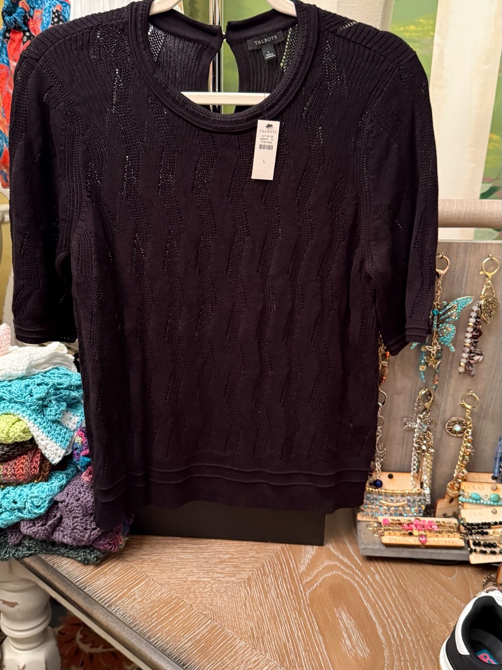 Talbots Black Textured Short-Sleeve Knit Top